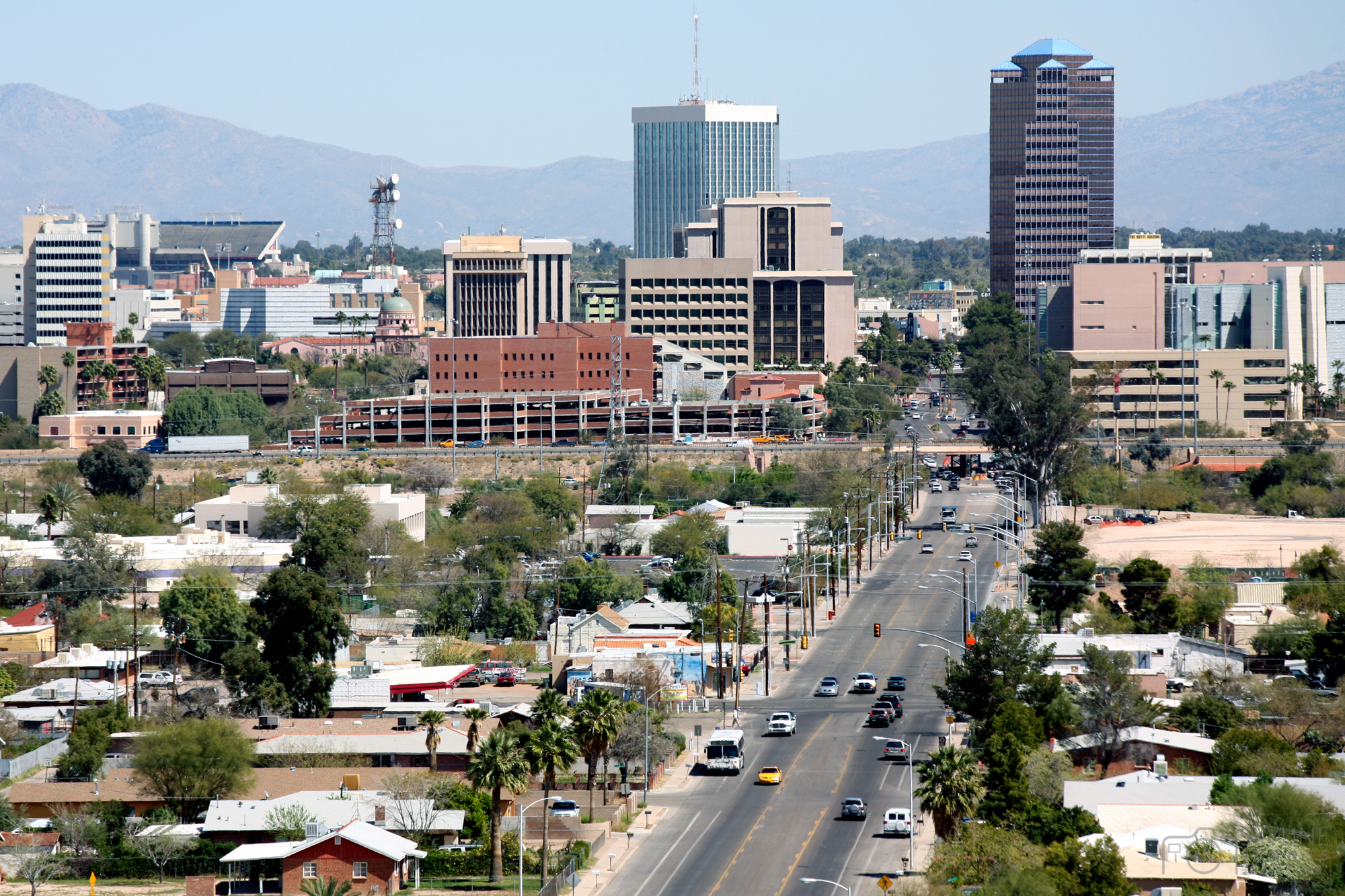 Downtown Tucson, Arizona skyline with mountain views